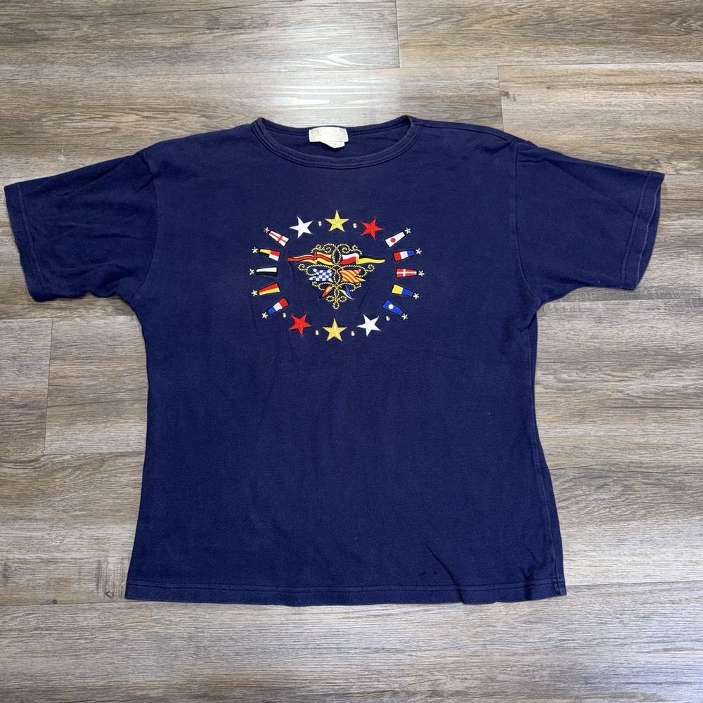 VTG Tara Vanessa Paris Navy Blue Shirt Womens S/M Nautical Signal Flags Graphic